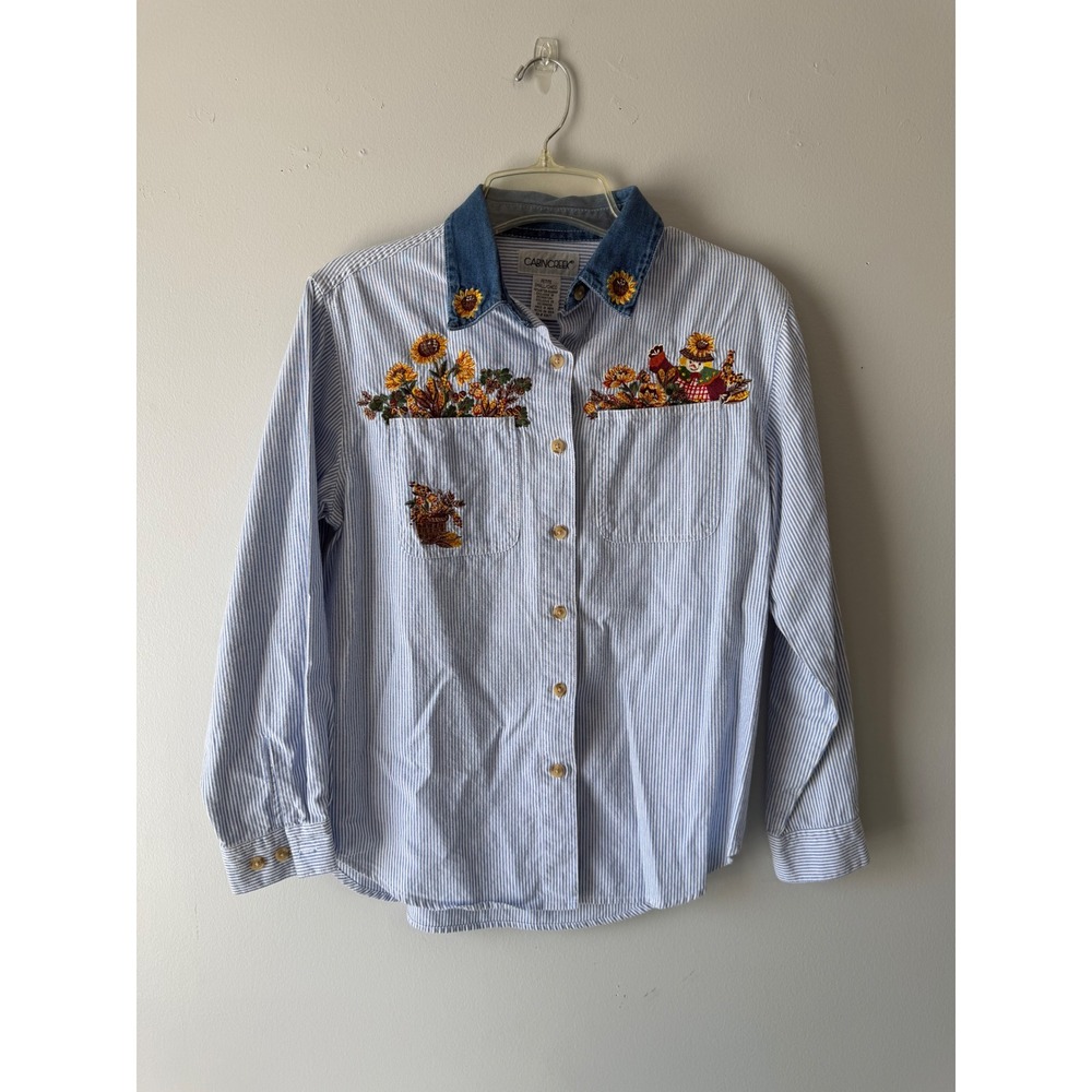 Cabin Creek Woman's Small Blue White Striped Sunflower Fall Embroidered Shirt